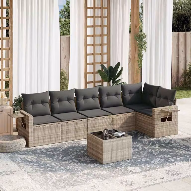 vidaXL Set Divani da Giardino 7pz a Forma di L in Polyrattan Grigio con Cuscini e Tavolino