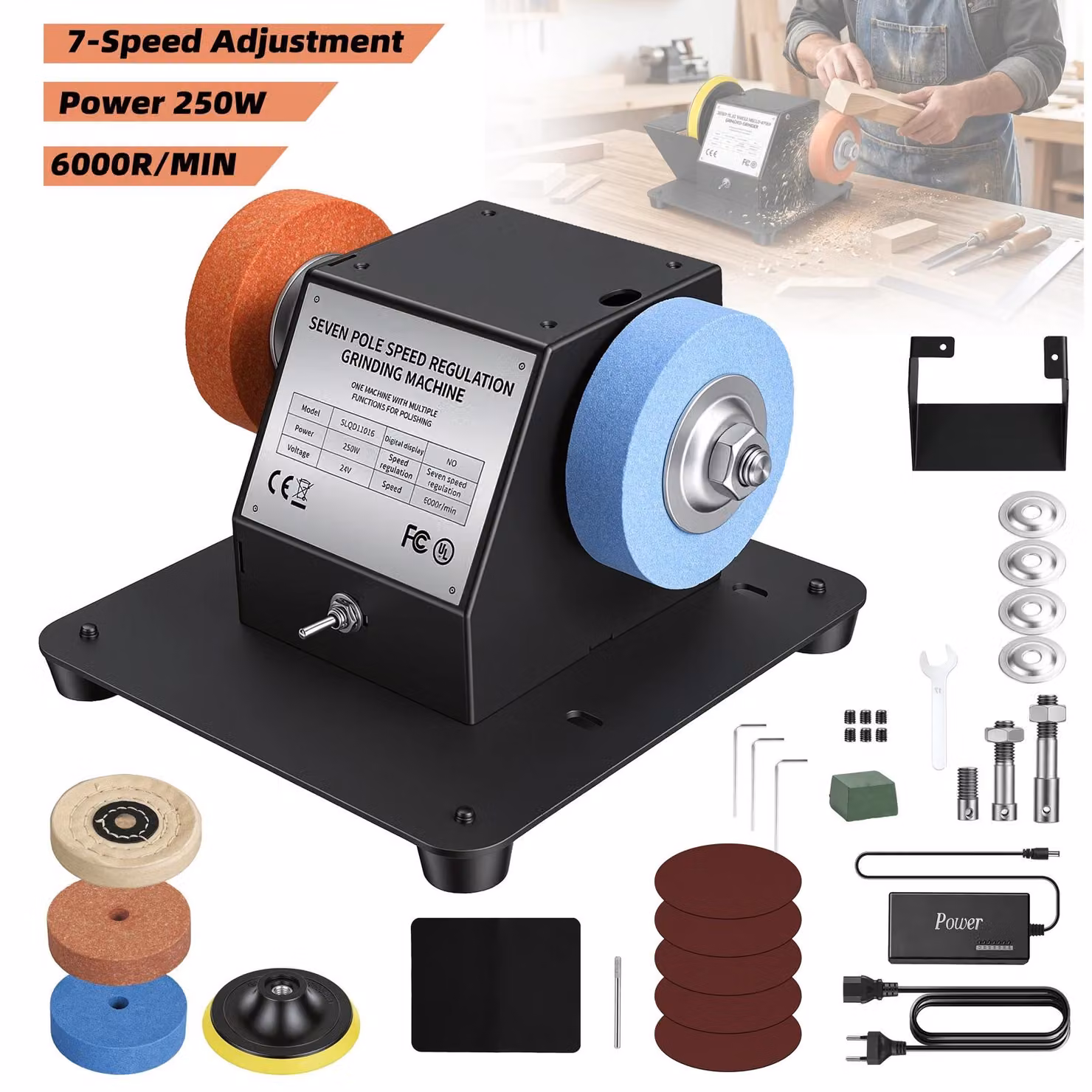 Mini smerigliatrice da banco - 250 W - Velocità variabile - Due dischi abrasivi - Spina di tipo europeo - Design compatto - Base stabile