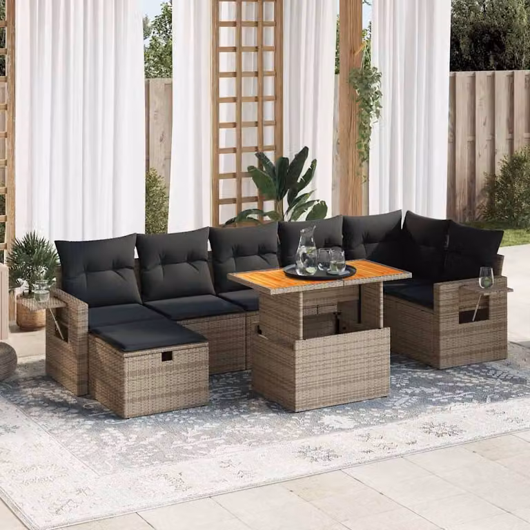 Set Divano da Giardino a L vidaXL in Polyrattan Grigio con Cuscini e Tavolino da Esterno
