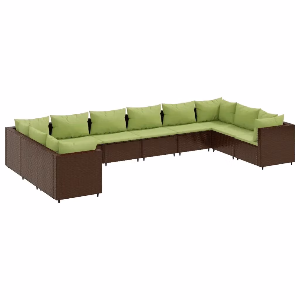 Set di Divani da Giardino a Forma di U vidaXL in Polyrattan Marrone e Verde con Cuscini e Struttura in Acciaio Verniciato a Polvere – 2