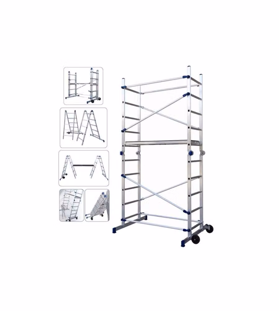 Trabattello trasformabile in scale Facal in alluminio argento e blu, Altezza: 159/310 cm