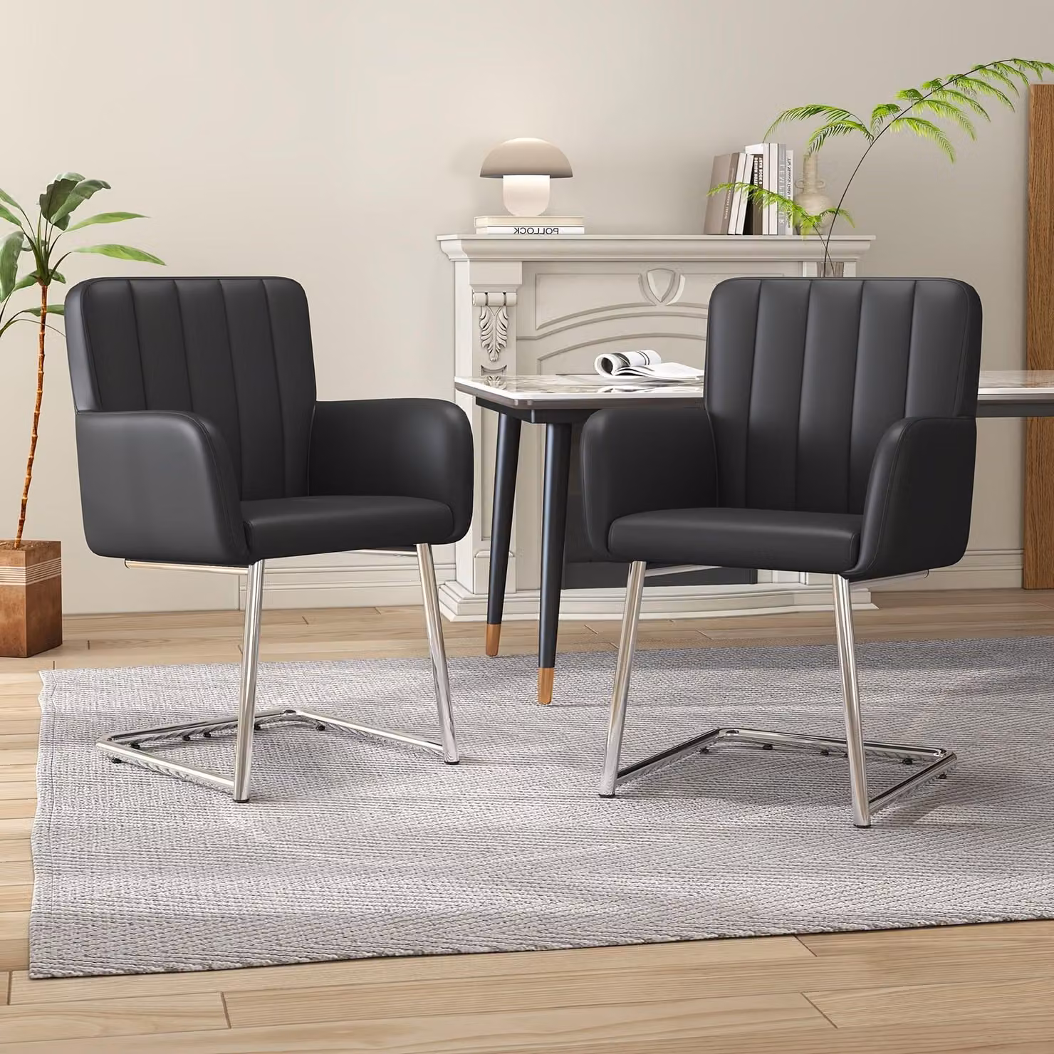 Set di due sedie da pranzo, poltrone moderne con motivo a righe verticali e gambe in metallo, colore nero