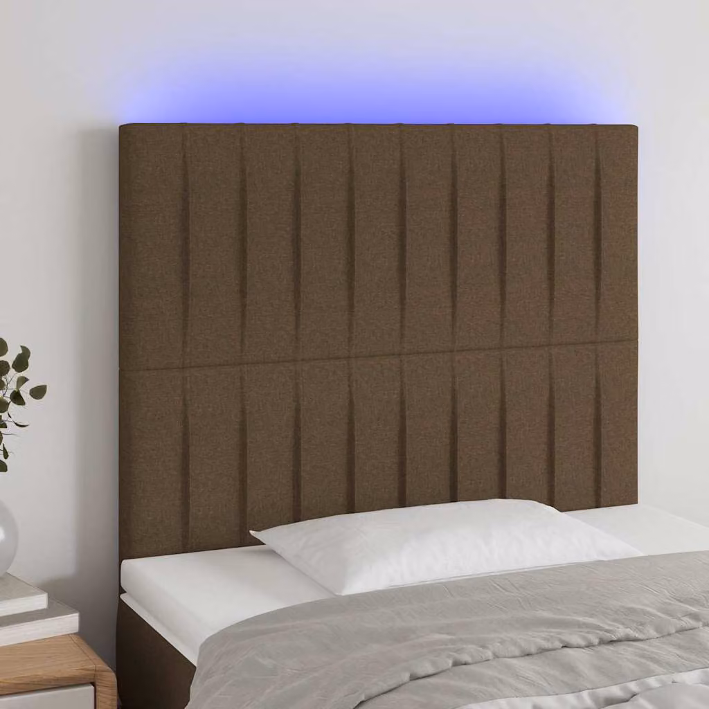 Testiera per letto vidaXL in tessuto marrone scuro con illuminazione LED e porta di ricarica USB, L: 90 cm, P: 5 cm, H: 118/128 cm