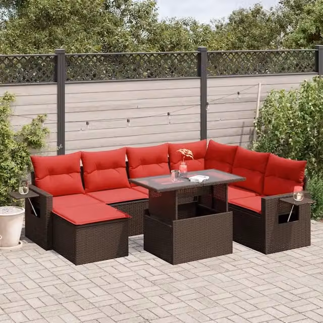 Set da giardino vidaXL in rattan marrone con 8 pezzi, divano a L, pouf, tavolino e cuscini inclusi