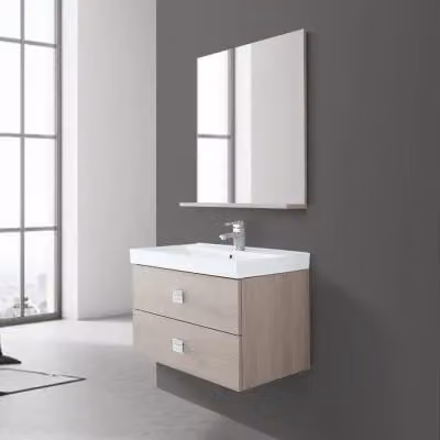 Mobile bagno sospeso Bravo INBAGNO rovere chiaro con lavabo specchio e mensola L 75 cm x P 51 cm x H 47 cm