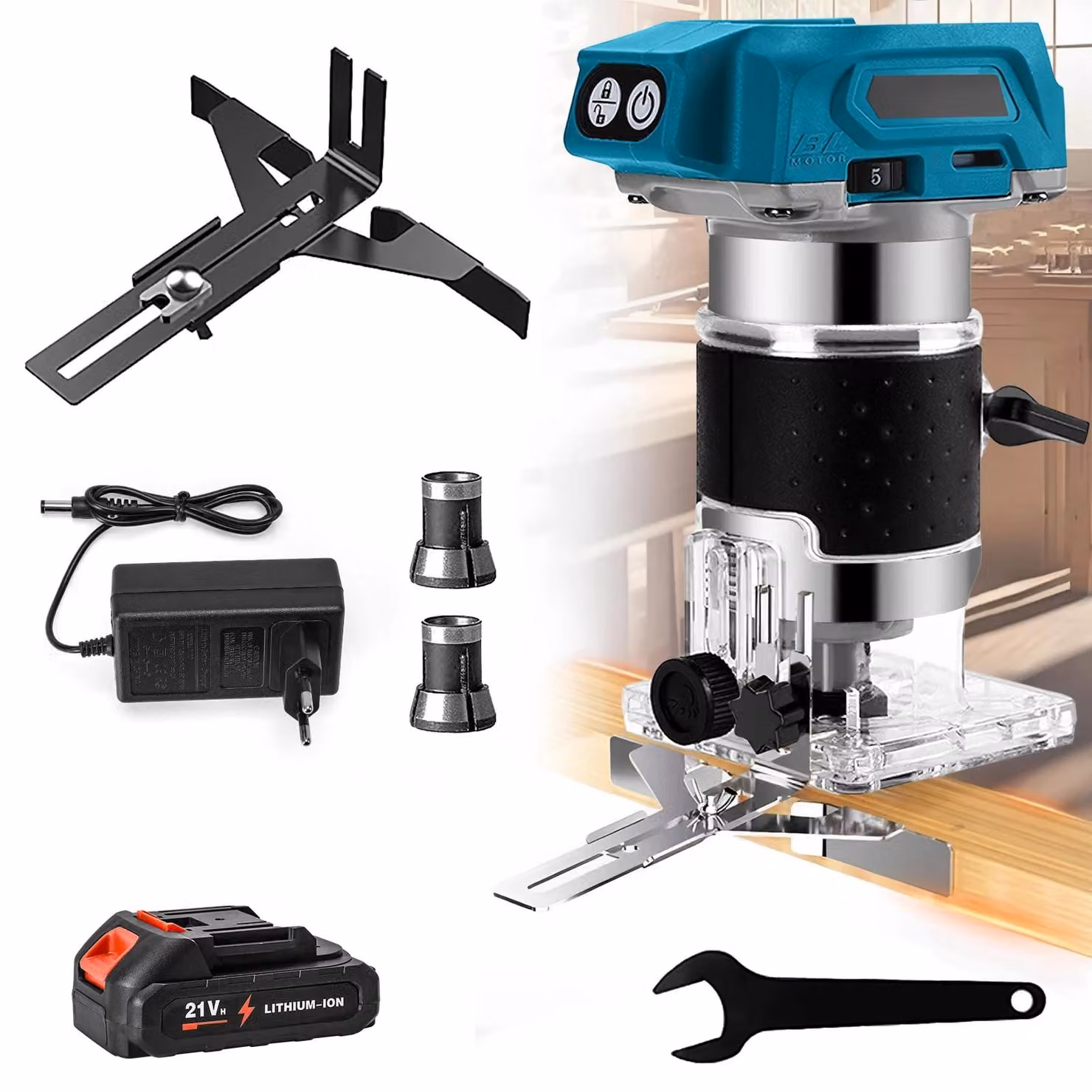 Fresatrice portatile a batteria - Fresatrice superiore senza spazzole - Alimentata a batteria - 1 batteria inclusa - 18 V - Per lavorazione del legno