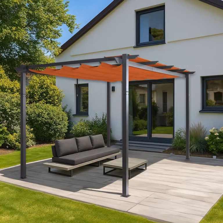 Pergola in alluminio HWC-N93, gazebo da giardino, struttura stabile 8cm tetto scorrevole UV50+ 3x4m ~ terracotta