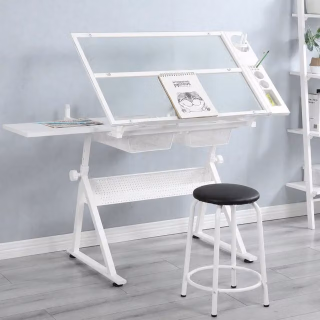 Tavolo da disegno regolabile bianco con piano in vetro temperato, con sedia
