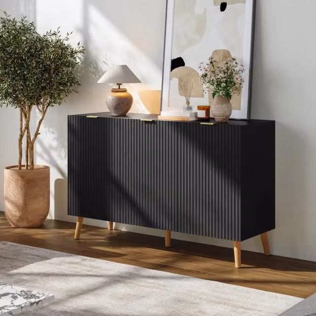 Credenza Madia Nand con 3 Ante Scanalate Nero en.casa L: 120 cm, P: 40 cm, H: 76 cm – 1
