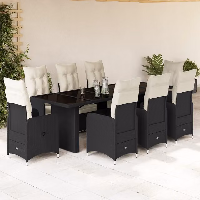 Set Bistrò da Giardino vidaXL 9 pz in Polyrattan Nero con Piano in Vetro per Balcony e Giardino – 1