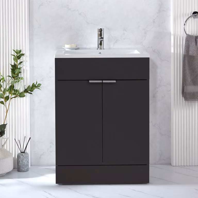 Mobile Bagno a Terra Grigio Nero da 610mm con Lavabo e Maniglie con Impugnatura a Dito Cromate - Cluo