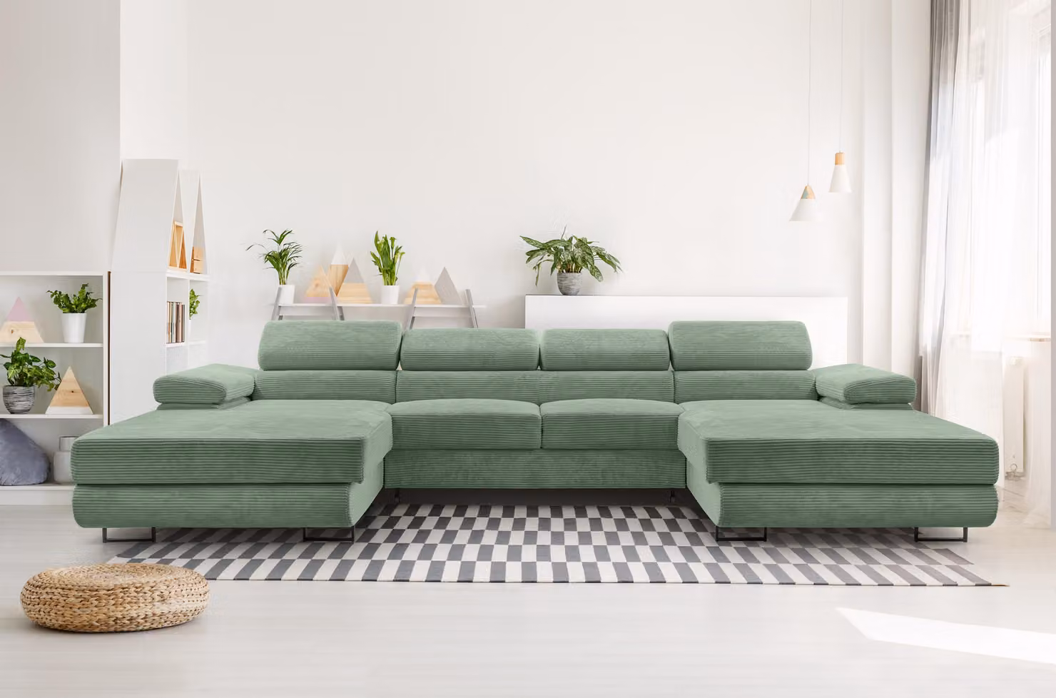 AX LIVING Divano a U con funzione letto - Arborio U 352 cm in verde salvia