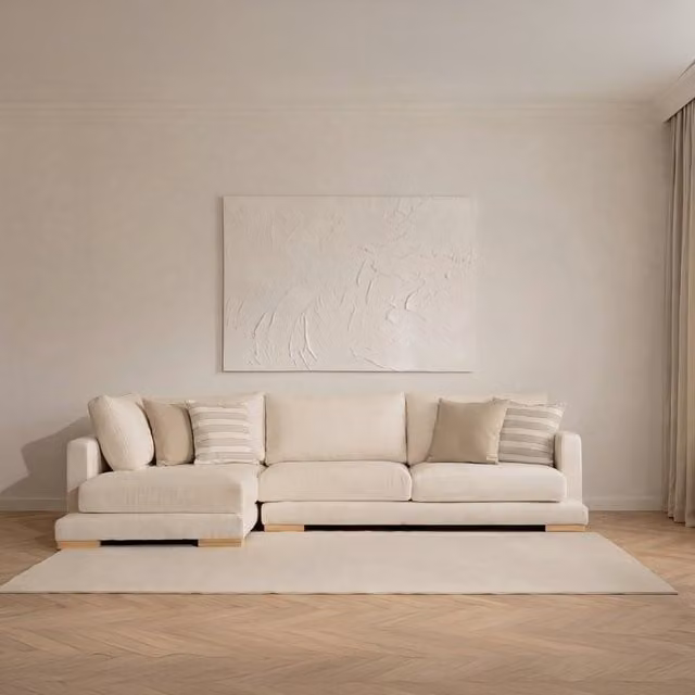 Divano letto angolare Luxor Living beige a 4 posti con orientamento sinistro e rivestimento in tessuto