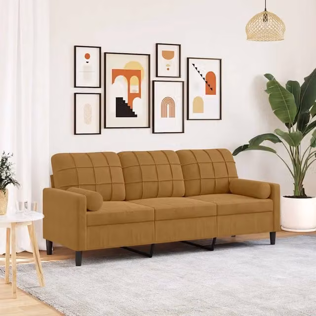 Divano a 3 posti moderno vidaXL in velluto marrone con cuscini e coperture rimovibili L: 197 cm, P: 80 cm, H: 77 cm