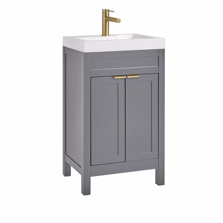 Mobile Bagno Grigio Chiaro da 500mm con Lavabo e Maniglia Moderna con Impugnatura a Dito in Oro Satinato - Warwick