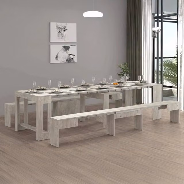 Set tavolo e panche Auditore DMORA, composizione multiuso con consolle e 2 panche allungabili, colore cemento, L: 66 cm, H: 45 cm, P: 25 cm