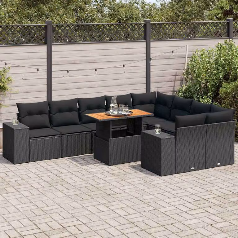 Set di divani da giardino vidaXL in 10 pezzi con cuscini, struttura in legno di acacia oliato e rattan nero