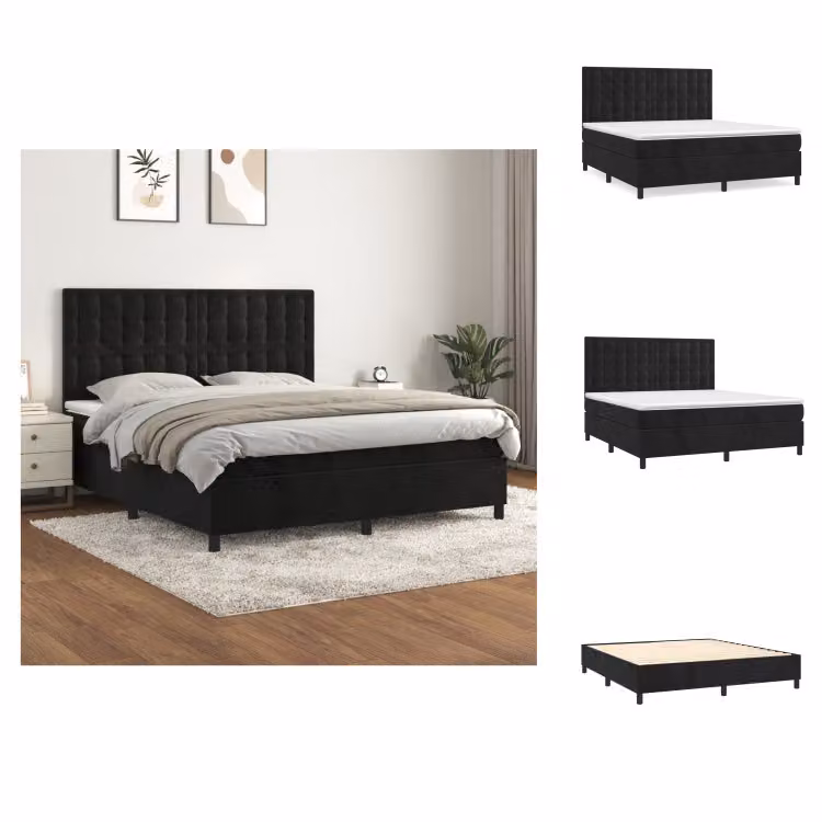 vidaXL Letto a molle con materasso nero 160x200 cm in velluto - Letti & Reti