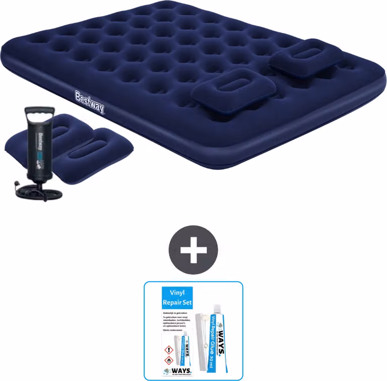 Materasso ad aria Bestway - 2 persone - 152 x 203 x 22 cm - Blu - Pompa a mano inclusa - Cuscini - Accessori