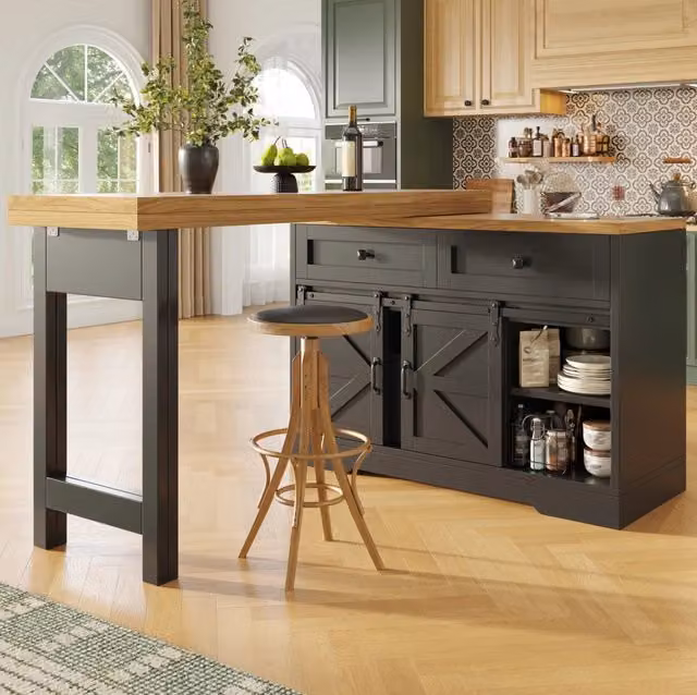 Isola cucina ULEVR con tavolo estensibile 120-197x40 cm, pannelli girevoli 360¡ã, mobile laterale con porta scorrevole, nera