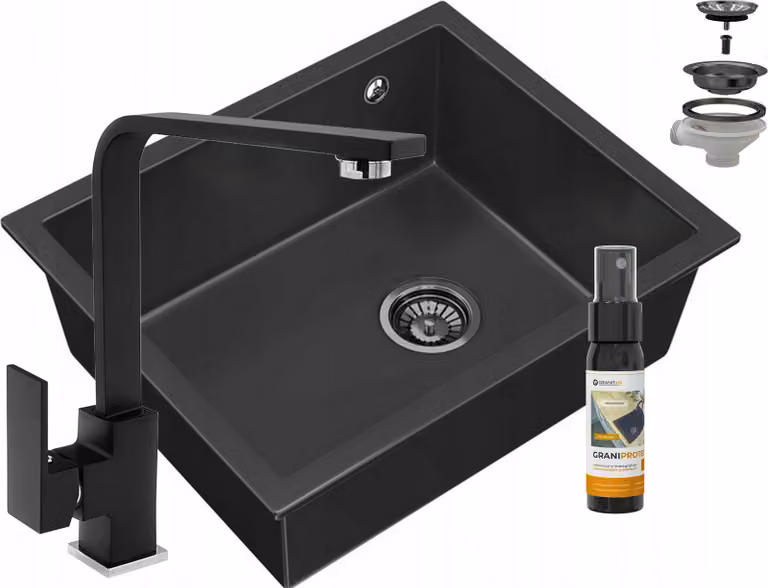 Granitan - Lavello in granito - Lavello da cucina - Nero - con rubinetteria - Lavello - SALIX