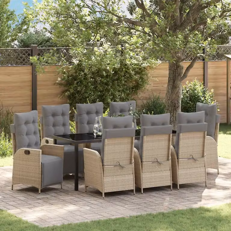 Set da pranzo per giardino e terrazzo vidaXL in polyrattan beige con tavolo in vetro, 9 pezzi
