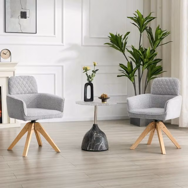 Set da 2 sedie girevoli 360 gradi REDOM in tessuto grigio e legno massello, Altezza: 85 cm