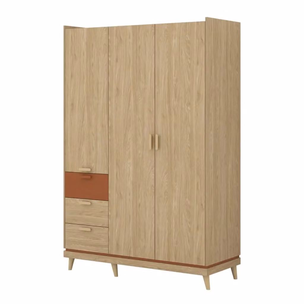 Set camera da letto NOKI Meublorama in stile scandinavo con letto 160x200 cm, armadio a 3 porte, cassettiera e comodino, finitura rovere chiaro e moka – 2