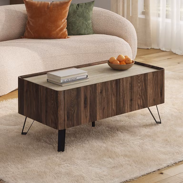 Tavolino "Trorlon" con 2 cassetti, dimensioni 100 x 50 x 40 cm, finitura effetto noce / travertino