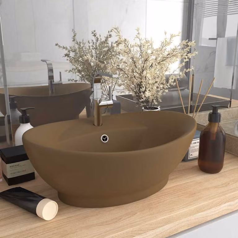 Lavandino da appoggio ovale in ceramica vidaXL con troppopieno, colore beige/marrone, L: 58,5 cm, P: 39 cm