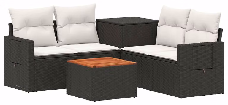 Set di divani da esterno, 6 pezzi. Colore: nero e crema. Materiali: rattan sintetico e acciaio