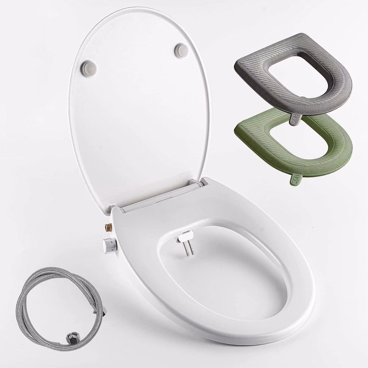 Accessorio per bidet da installare sul water, dotato di due getti e sistema di chiusura ammortizzata