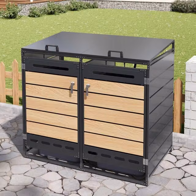 Desviae Box per 2 bidoni della spazzatura in ferro nero con coperchio idraulico, serrature e finitura effetto legno