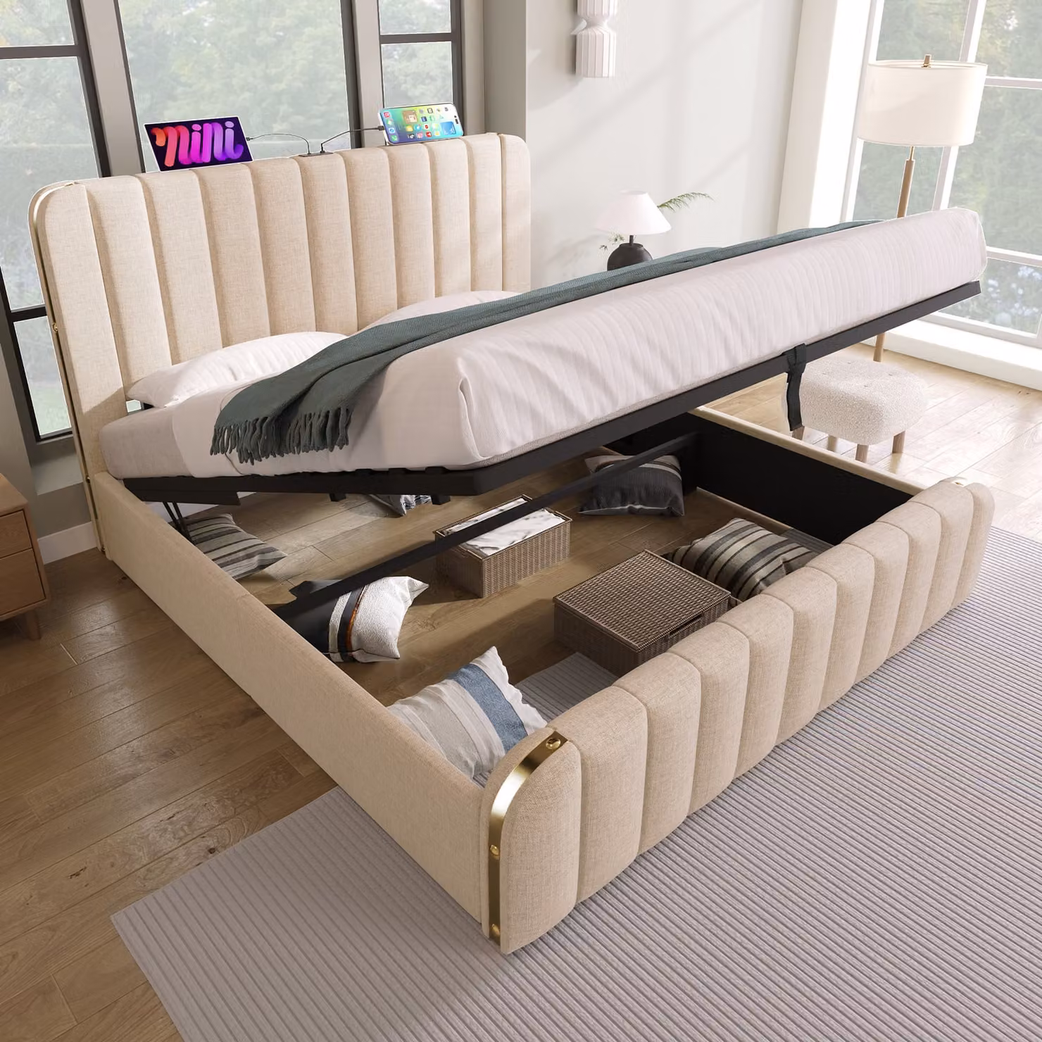 Letto boxspring MODFU idraulico 140 x 200 cm con testiera dotata di funzione di ricarica USB Type-C, letto imbottito matrimoniale con contenitore, tessuto di lino beige (senza materasso)