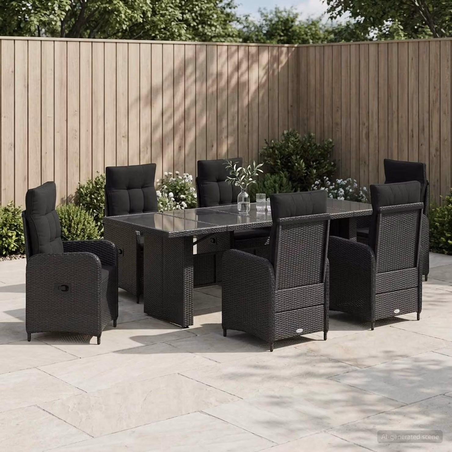 Set da pranzo per esterni vidaXL in polyrattan e legno di acacia nero 7 pz