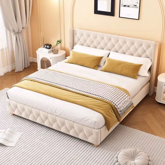 Letto imbottito 180x200 cm in velluto beige chiaro con testiera trapuntata