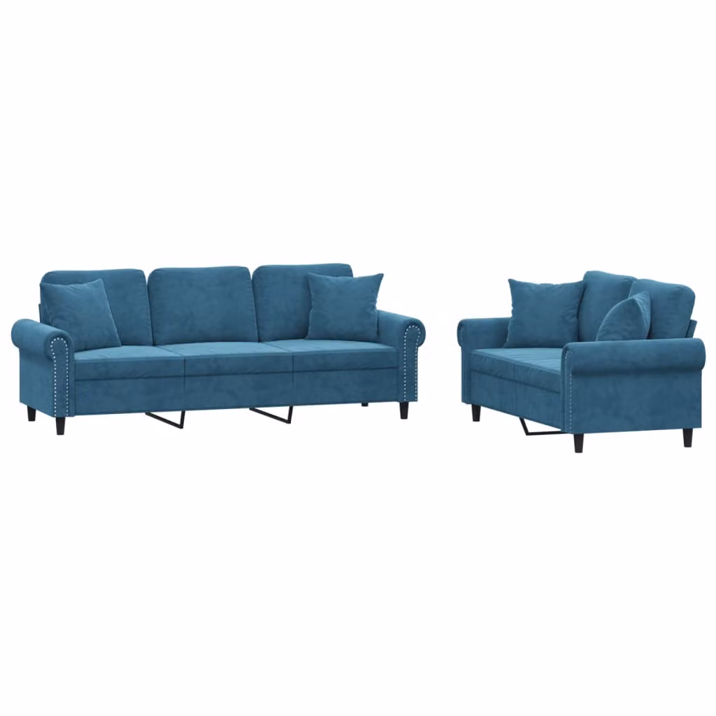 Set di Divani 2 pz con Cuscini Blu in Velluto