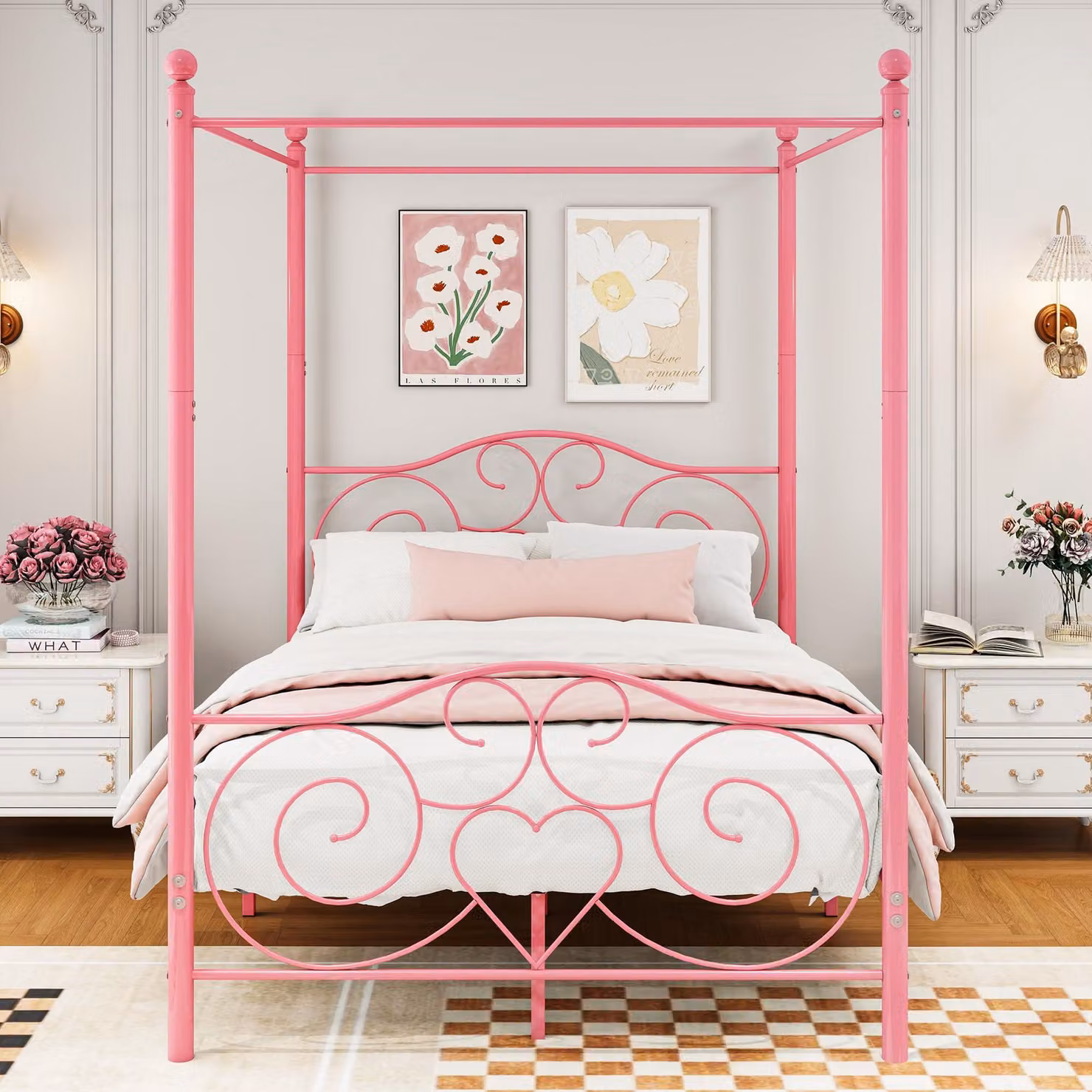 Struttura per letto a baldacchino, dimensioni 140x200 cm, in metallo, color rosa, con doghe in acciaio