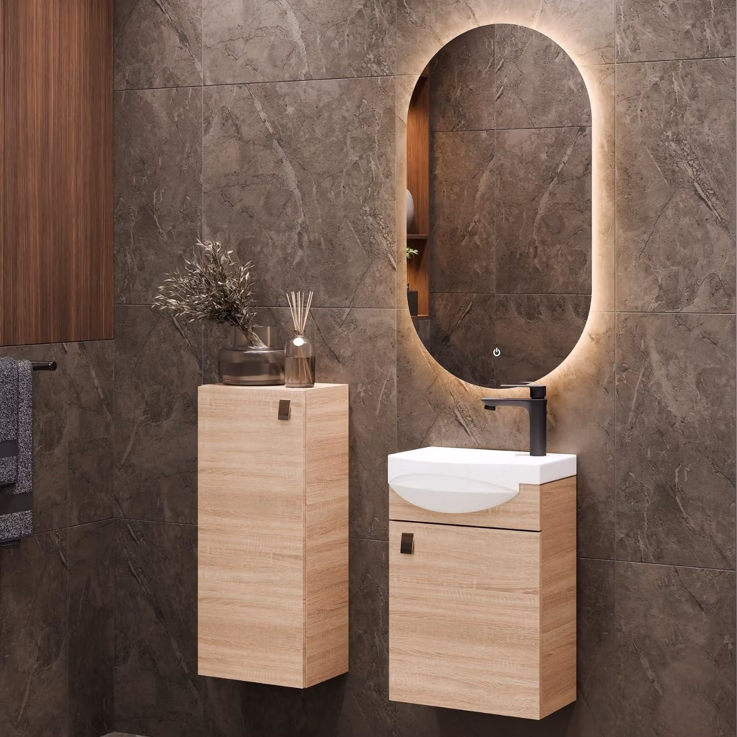 Set di mobili da bagno - Mobile bagno - Mobile lavabo - Mobile sottolavabo - Mobile contenitore a specchio - Dimensioni compatte: 40x60x29 cm