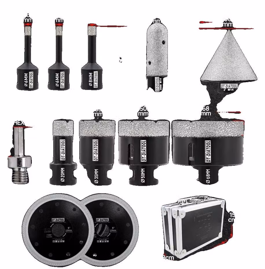 Trapano a nucleo, realizzato con materiale diamantato resistente, set completo, 12 pezzi, custodia, filettatura M14