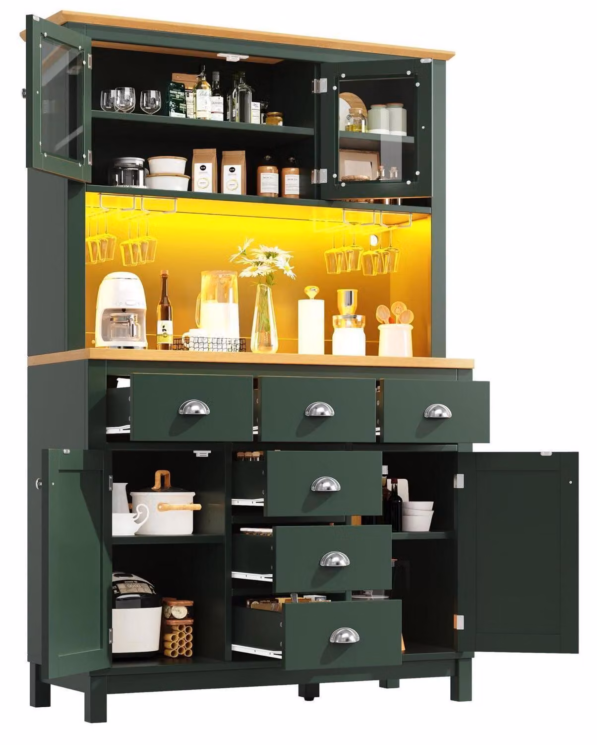 Mobiletto da cucina, armadio contenitore, credenza con illuminazione a LED, 4 ante, mobiletto portaoggetti, dimensioni 104x40x180 cm, colore verde