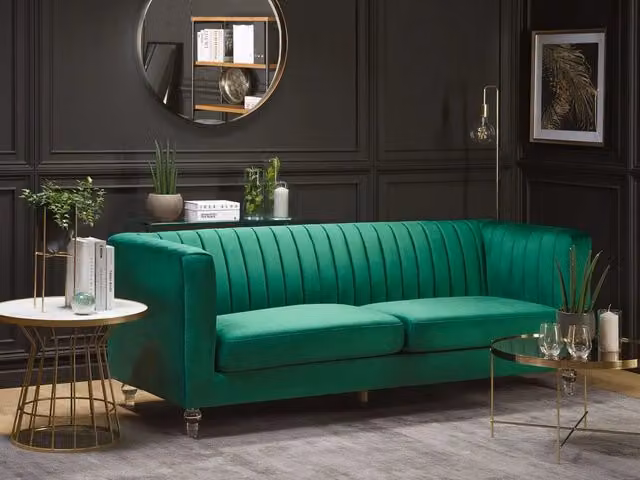 Divano Beliani a 3 posti in velluto verde stile moderno per il tuo soggiorno L: 204 cm, P: 78 cm, H: 75 cm