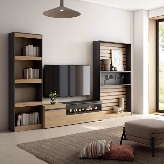 Mobile TV per soggiorno con camino elettrico SKRAUT HOME, colore Rovere e nero, L: 320 cm, P: 35 cm, H: 186 cm – 1