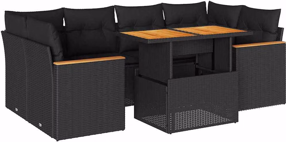 Set Divano da Giardino 6 pz con Cuscini Nero Polyrattan Acacia