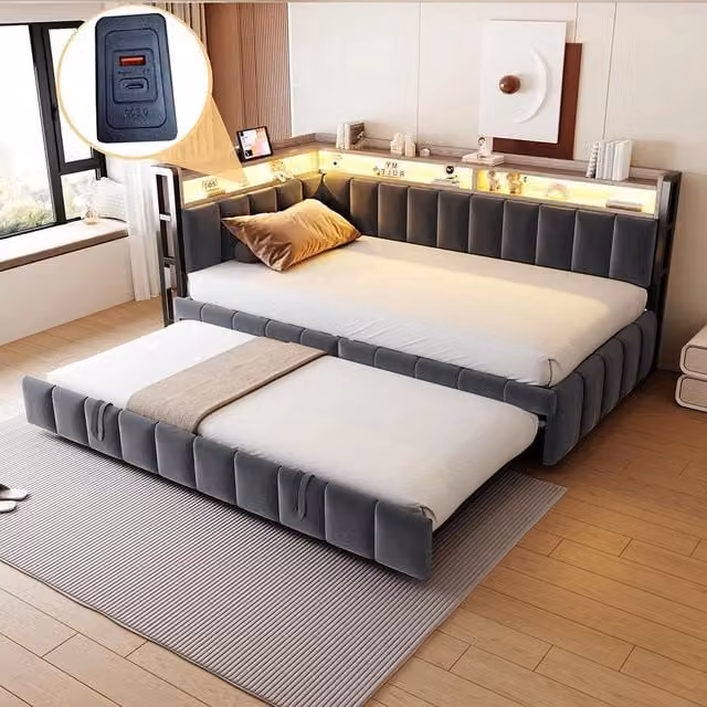 Divano letto 90x200cm?- Xylo - gigogne LED USB velluto grigio scuro