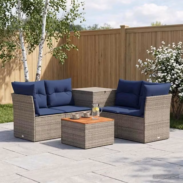 Set di divani da giardino vidaXL a forma di U in rattan sintetico e acciaio, colore grigio e blu navy, con cuscini inclusi e tavolino da esterno – 1