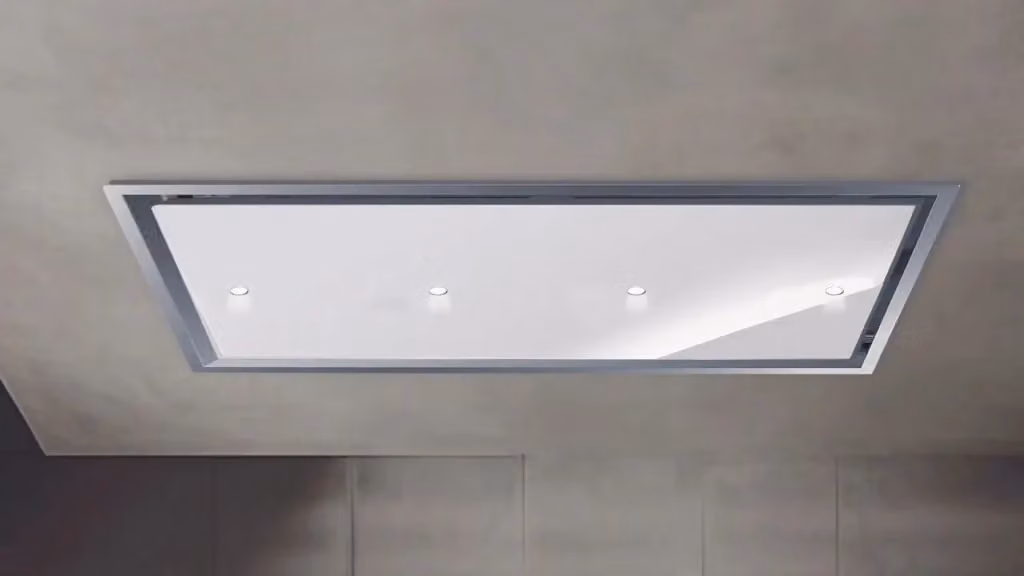 Cappa da incasso a soffitto Baraldi GEA FLAT in acciaio inox e vetro bianco con luce spot, aspirazione 800 m3/h, L: 120 cm, P: 60 cm, H: 60 cm – 2