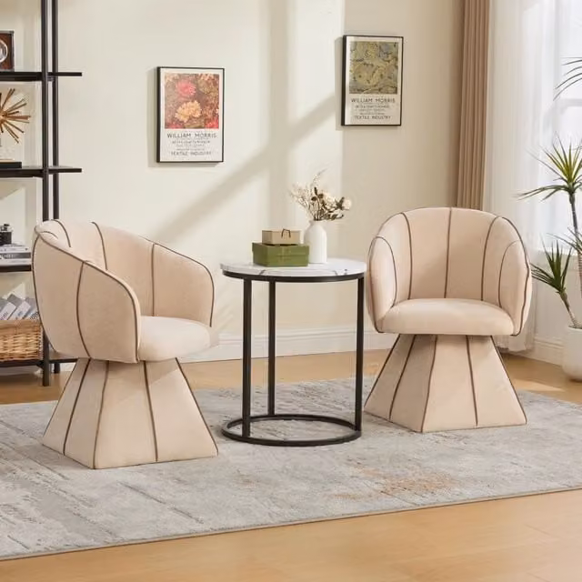 Poltrona girevole OKWISH in tessuto beige con braccioli e design moderno per soggiorno o camera da letto L: 54 cm, P: 40 cm, H: 74,5 cm