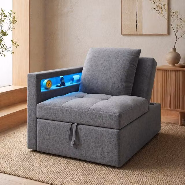 Divano letto ULEVR 3 in 1 177x68x65 cm con schienale regolabile, LED, USB e Type-C, grigio chiaro