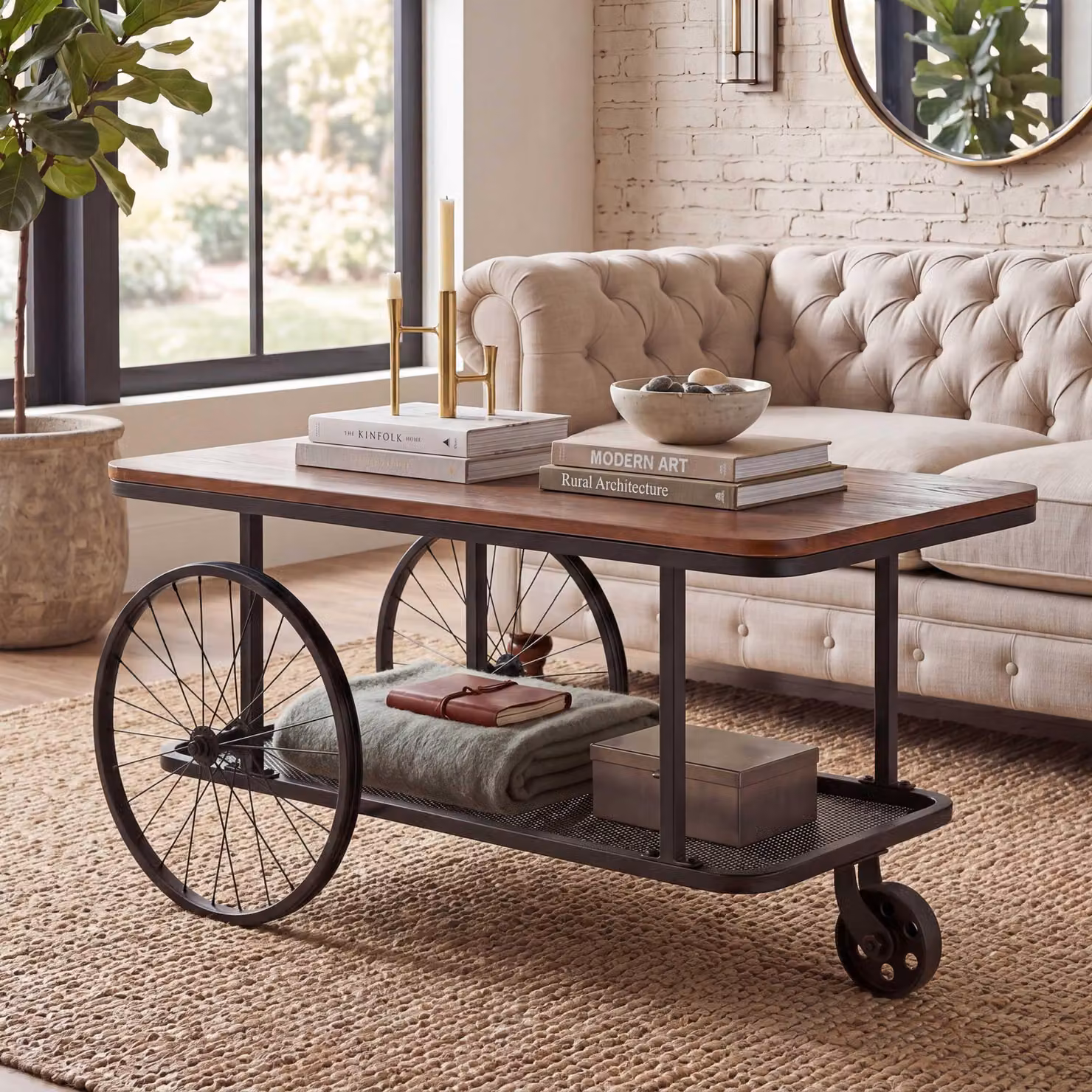 Tavolino HWC-Q69, tavolino da salotto, stile industriale retrò in legno, 54x100x60 cm ~ marrone, metallo nero